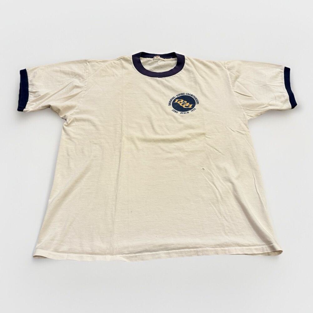 Vtg Collegiate Pacific 1974 NCAA Swimming Diving Long Beach Ringer Tee XL USA